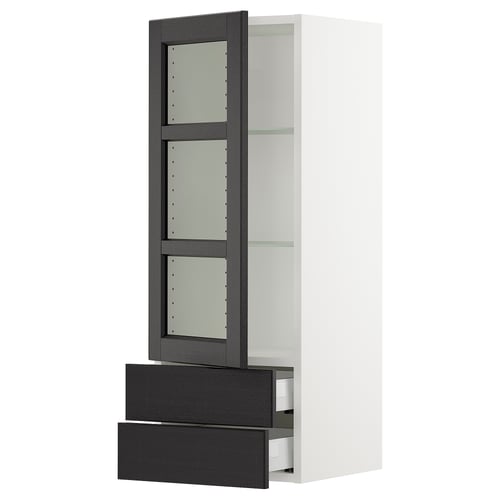 SEKTION / MAXIMERA Armoire murale pte vitrée/2 tiroirs, blanc/Lerhyttan teinté noir, 15x15x40 "