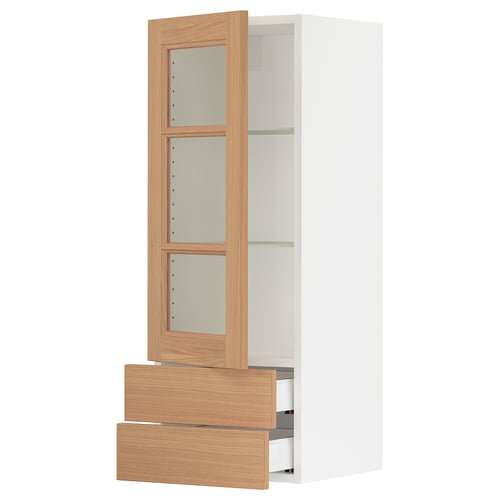 SEKTION / MAXIMERA Armoire murale pte vitrée/2 tiroirs, blanc/Vedhamn chêne, 15x15x40 "