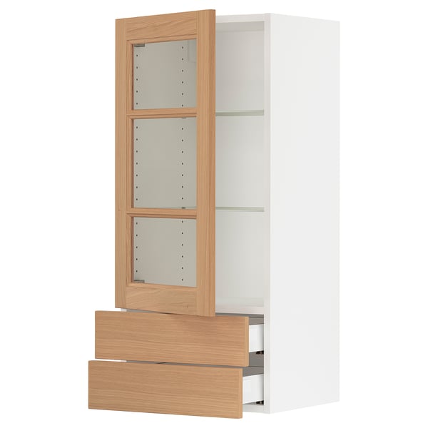 SEKTION / MAXIMERA Armoire murale pte vitrée/2 tiroirs, blanc/Vedhamn chêne, 18x15x40 "
