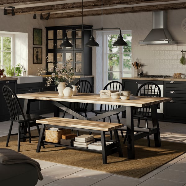 SKOGSTA Banc avec rangement, acacia/noir, 47 1/4 "
