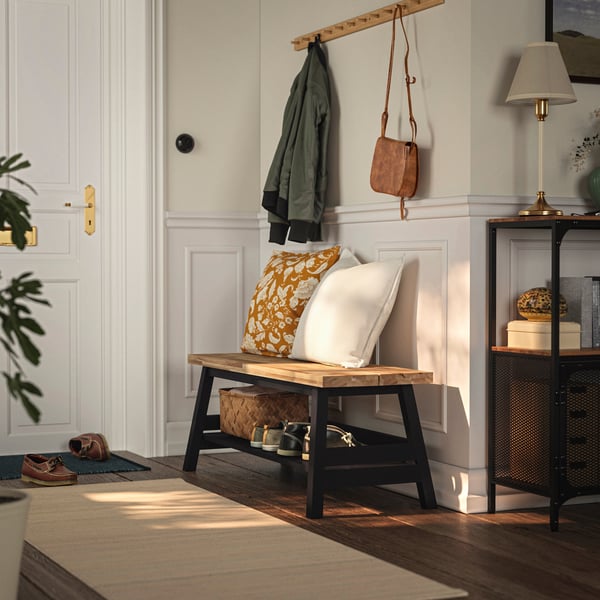 SKOGSTA Banc avec rangement, acacia/noir, 47 1/4 "