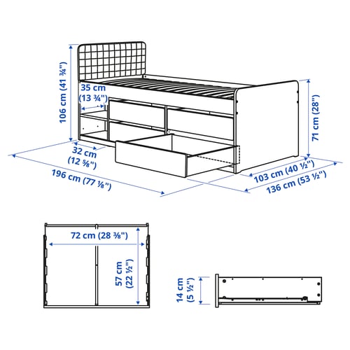 SLÄKT Structure lit avec rangement, tête de lit incluse/Vissle beige, 1 place