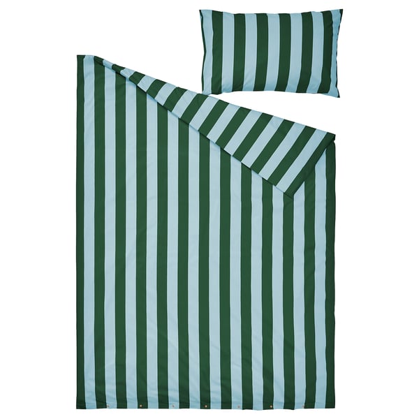 SLÅNHÖSTMAL Housse de couette et taie(s), bleu clair vert foncé/rayure, 1 place