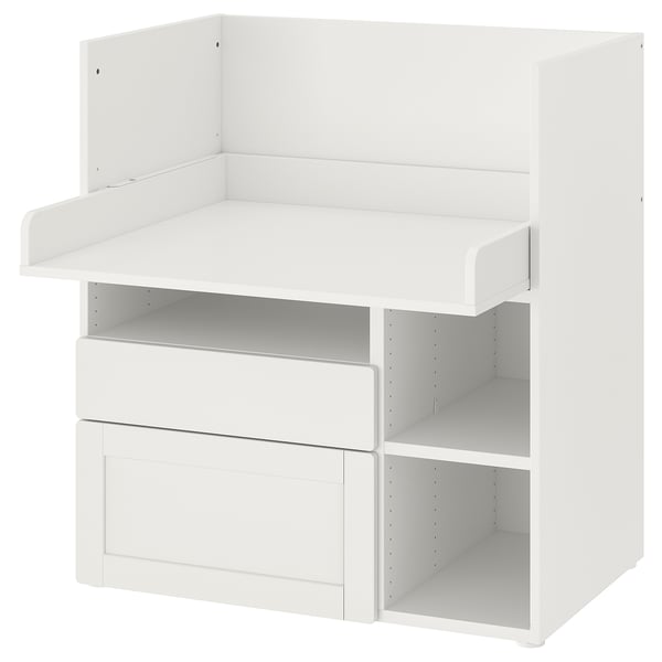 SMÅSTAD Bureau, blanc avec cadre/avec 2 tiroirs, 35 3/8x31 1/2x39 3/8 "