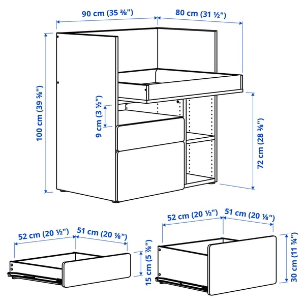 SMÅSTAD Bureau, blanc bleu/avec 2 tiroirs, 35 3/8x31 1/2x39 3/8 "