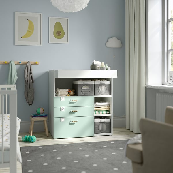 SMÅSTAD Table à langer, blanc vert clair/avec 3 tiroirs, 35 3/8x31 1/2x39 3/8 "