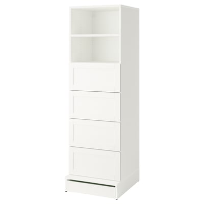 SMÅSTAD / UPPFÖRA Bibliothèque, blanc avec cadre/avec 4 tiroirs, 23 5/8x25 5/8x77 1/8 "
