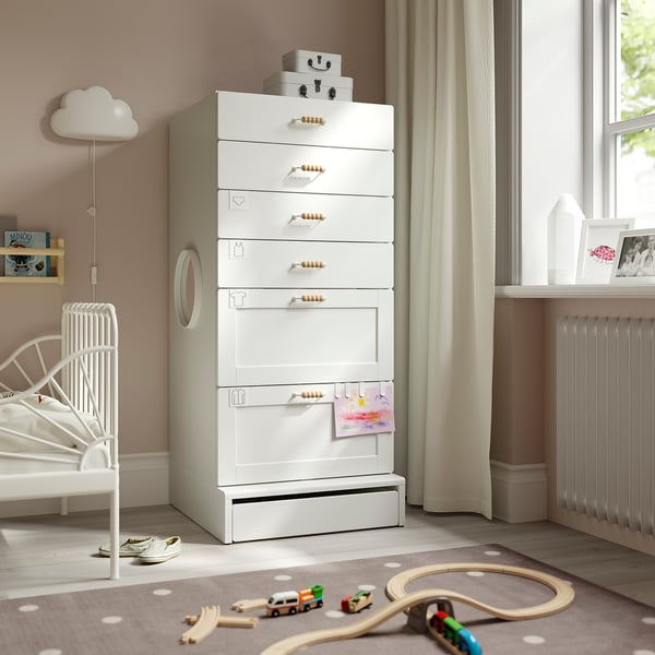 SMÅSTAD / UPPFÖRA Commode à 6 tiroirs, blanc avec cadre, 23 5/8x25 5/8x53 1/2 "