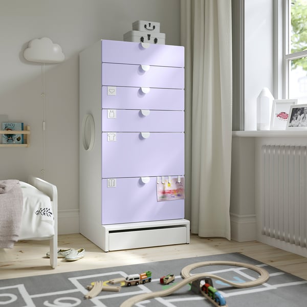 SMÅSTAD / UPPFÖRA Commode à 6 tiroirs, blanc/mauve, 23 5/8x25 5/8x53 1/2 "