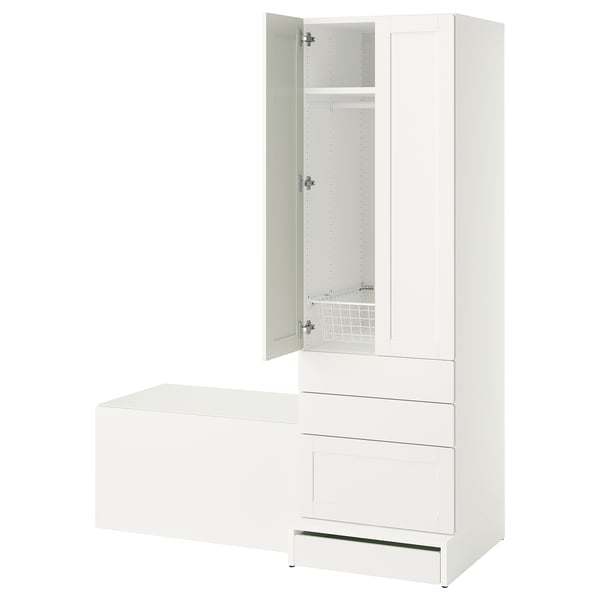 SMÅSTAD / UPPFÖRA Rangement, blanc avec cadre/avec banc, 59x25 5/8x77 1/8 "