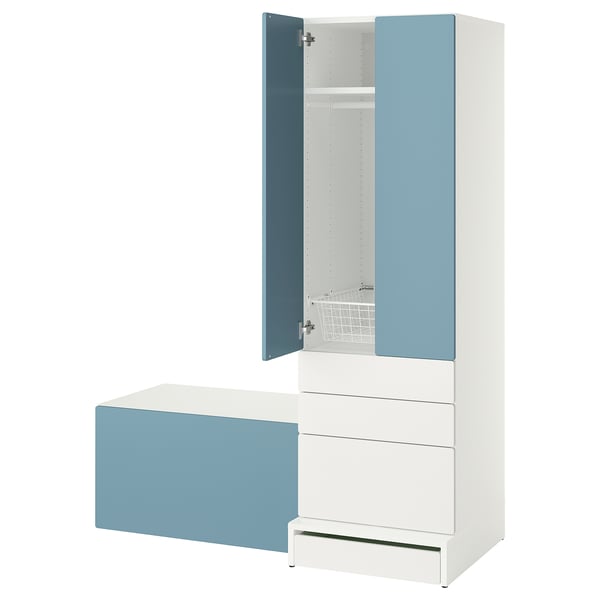 SMÅSTAD / UPPFÖRA Rangement, blanc bleu/avec banc, 59x25 5/8x77 1/8 "
