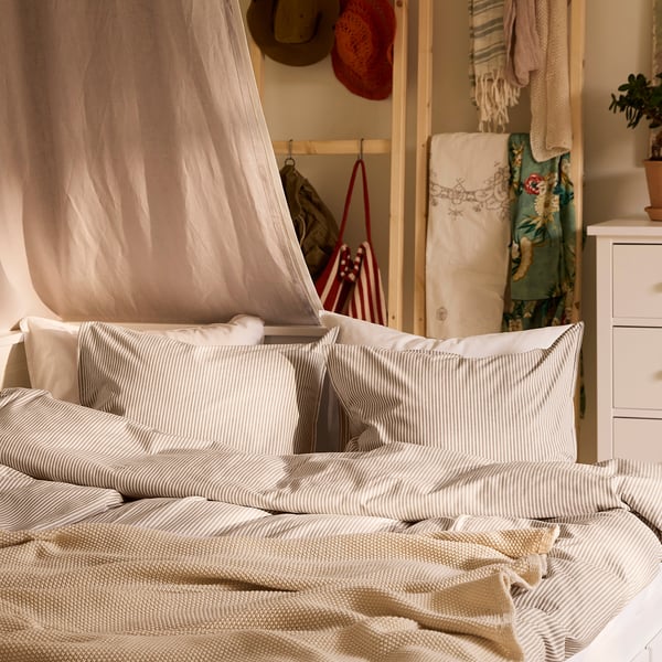 SOLFIBBLA Housse de couette et taie(s), blanc beige/rayure, 2 places/grand 2 places