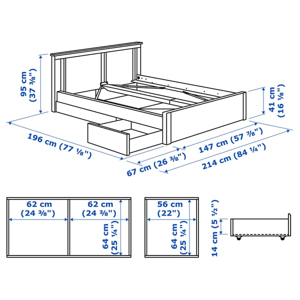 SONGESAND Struct lit+2 btes de rangement, brun/Luröy, 2 places