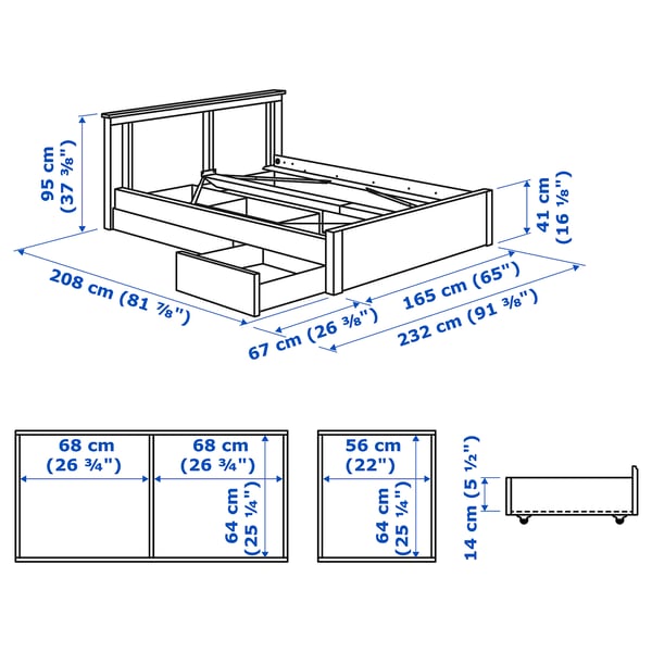 SONGESAND Struct lit+2 btes de rangement, brun/Luröy, Grand 2 places
