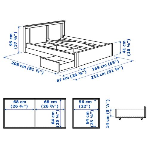SONGESAND Struct lit+2 btes de rangement, brun, Grand 2 places