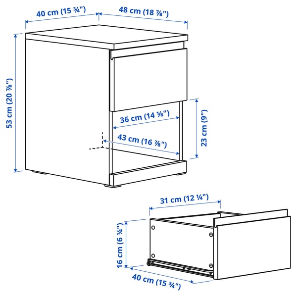STORKLINTA Table de chevet, blanc/avec 1 tiroir, 15 3/4x18 7/8x20 7/8 "
