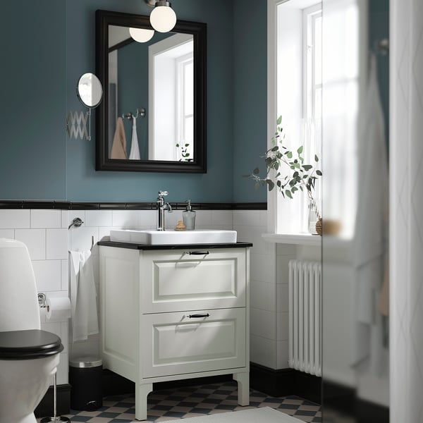 TÄNNFORSEN / ORRSJÖN Meuble sdb avec tiroirs/lavabo, blanc/noir marbré, 25x21 1/2x35 3/8 "