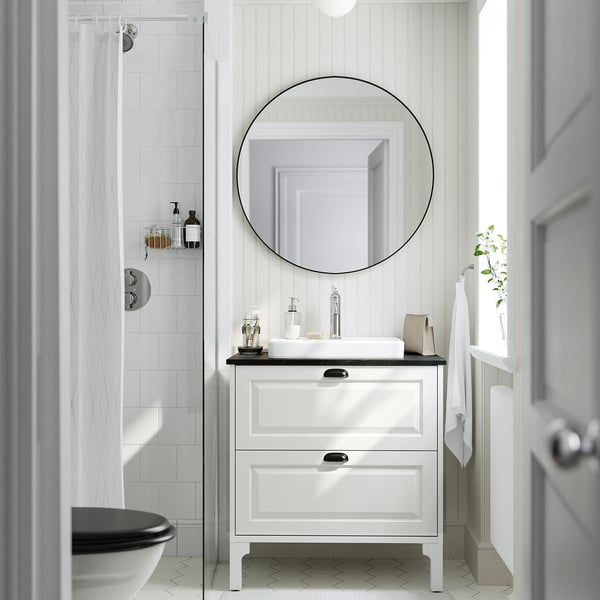 TÄNNFORSEN / ORRSJÖN Meuble sdb avec tiroirs/lavabo, blanc/noir marbré, 31x21 1/2x35 3/8 "