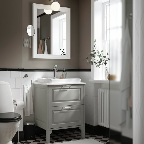 TÄNNFORSEN / ORRSJÖN Meuble sdb avec tiroirs/lavabo, gris clair/blanc marbré, 25x21 1/2x35 3/8 "