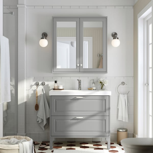 TÄNNFORSEN / ORRSJÖN Meuble sdb avec tiroirs/lavabo, gris clair, 37x21 3/4x34 5/8 "