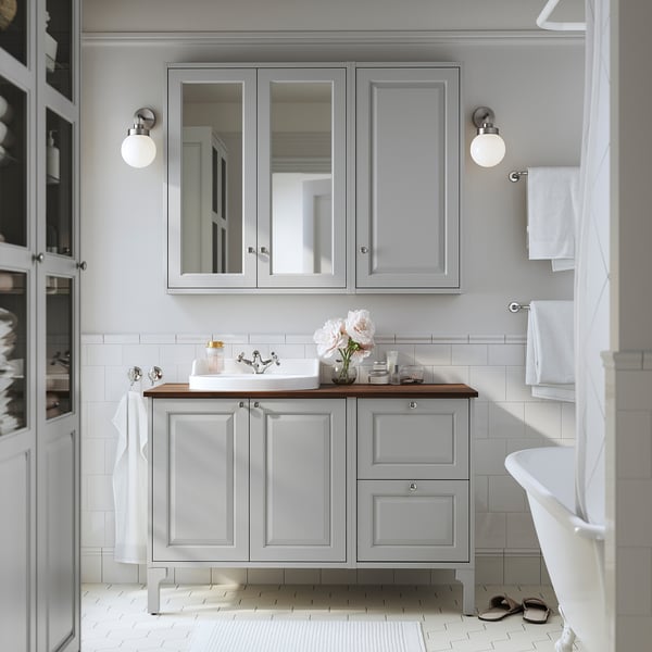 TÄNNFORSEN / RUTSJÖN Meuble de sdb avec lavabo, gris clair/brun effet noyer, 49x21 1/2x37 1/8 "