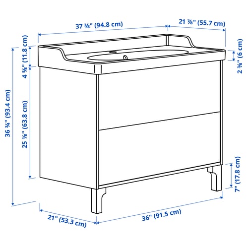 TÄNNFORSEN / RUTSJÖN Meuble sdb avec tiroirs/lavabo, blanc, 37 3/8x21 7/8x36 3/4 "
