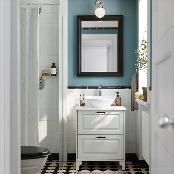 TÄNNFORSEN / VÄSTERSJÖN Meuble sdb avec tiroirs/lavabo, blanc/blanc marbré, 25x21 1/2x35 7/8 "