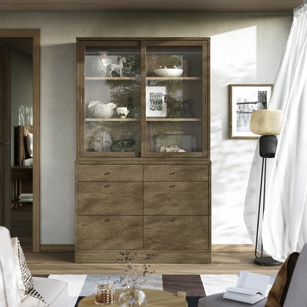 TONSTAD Rangement avec tiroirs, teinté brun chêne plaqué/verre, 47 1/2x18 1/2x82 5/8 "