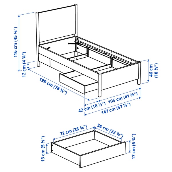 TONSTAD Structure de lit avec rangement, blanc cassé/Luröy, 1 place