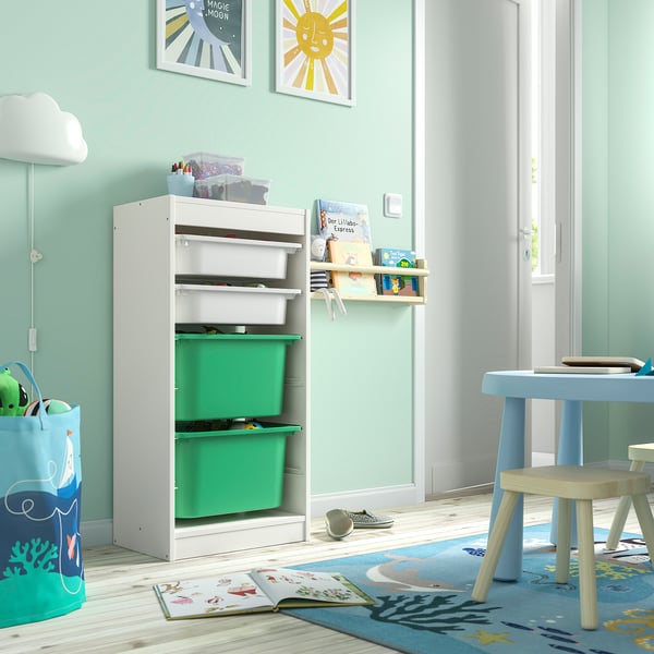 TROFAST Rangement+boîtes, blanc blanc/vert vif, 18 1/8x11 3/4x37 "