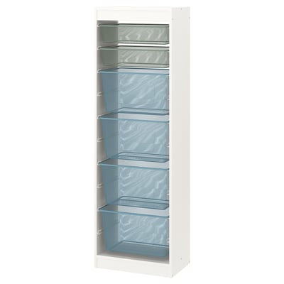 TROFAST Rangement+boîtes, blanc gris-vert clair/bleu gris, 18 1/8x11 3/4x57 1/8 "