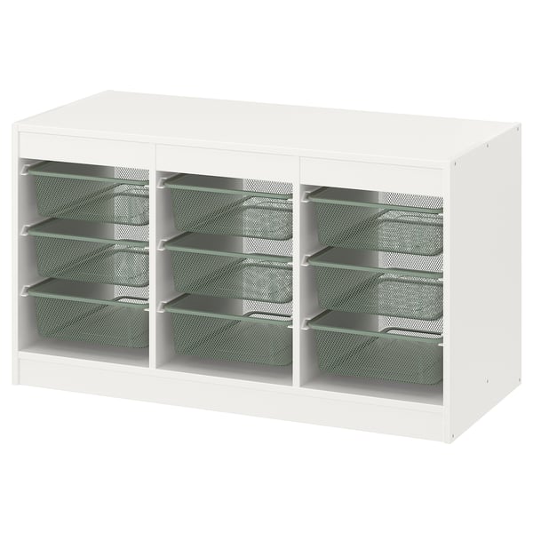 TROFAST Rangement+boîtes, blanc/gris-vert clair, 39x17 3/8x22 "
