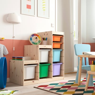 TROFAST Rangement+boîtes, pin teinté blanc clair blanc/multicolore, 37x17 3/8x35 7/8 "