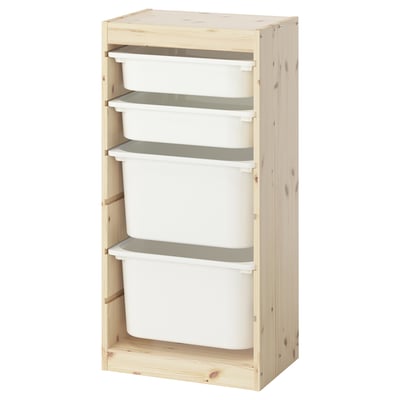 TROFAST Rangement+boîtes, pin teinté blanc clair/blanc, 17 3/8x11 3/4x35 7/8 "