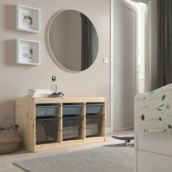 TROFAST Rangement+boîtes, pin teinté blanc clair bleu gris/gris foncé, 36 5/8x17 3/8x20 1/2 "