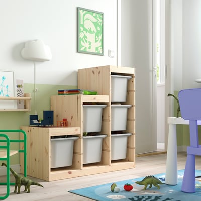 TROFAST Rangement+boîtes, pin teinté blanc clair/gris, 37x17 3/8x35 7/8 "