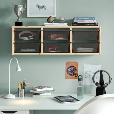 TROFAST Rangement mural, pin teinté blanc clair/gris foncé, 36 5/8x8 1/4x11 3/4 "