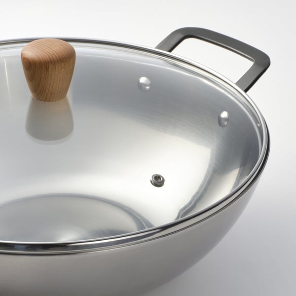 VARDAGEN Wok avec couvercle, verre/acier au carbone hêtre, 13 "
