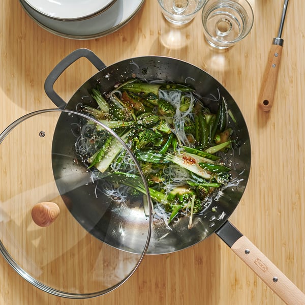 VARDAGEN Wok avec couvercle, verre/acier au carbone hêtre, 13 "