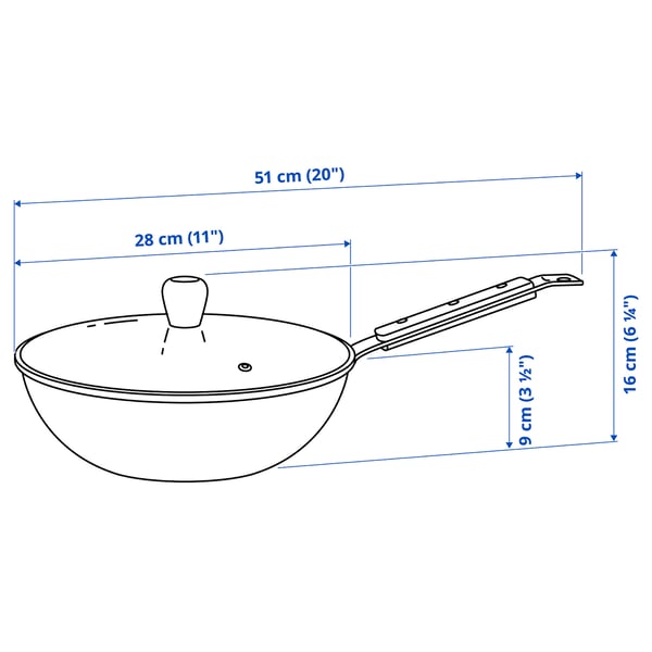 VARDAGEN Wok avec couvercle, verre/acier au carbone hêtre, 11 "