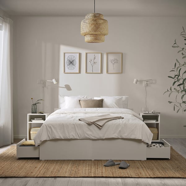 VIHALS Structure de lit + 4 coffres, blanc, 2 places