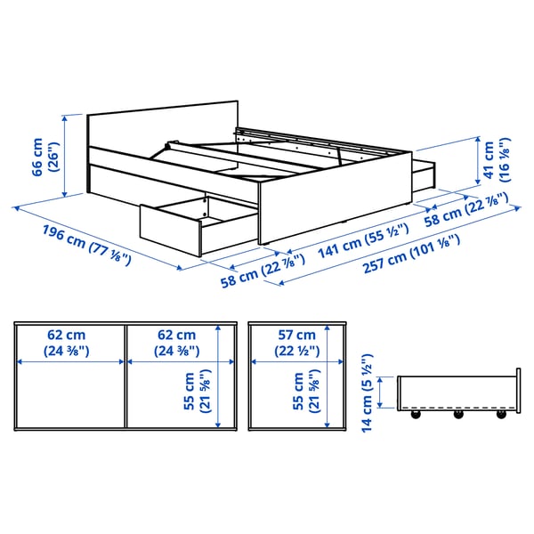 VIHALS Structure de lit + 4 coffres, blanc, 2 places