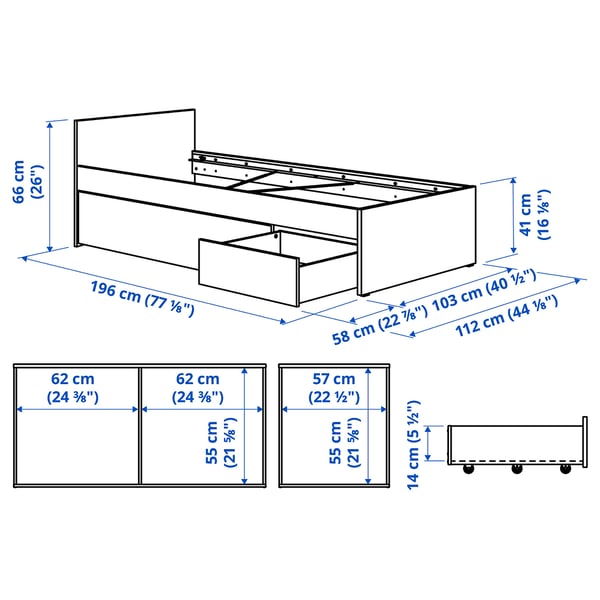 VIHALS Structure de lit et 2 coffres, blanc, 1 place