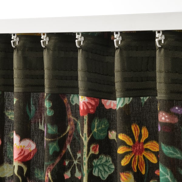VILDPERSILJA Rideaux, 2 panneaux, noir-vert multicolore/motif floral ruban fronceur, 57x98 "