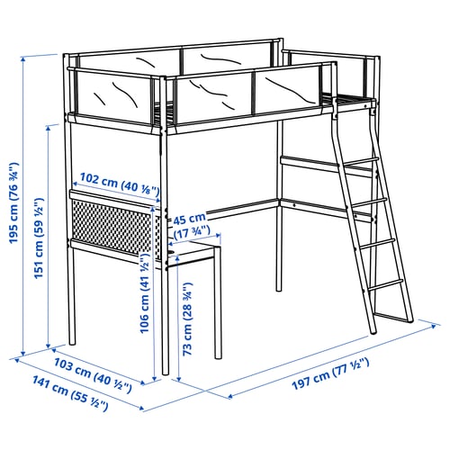 VITVAL Structure lit mezzanine+plateau, blanc/gris clair, 1 place