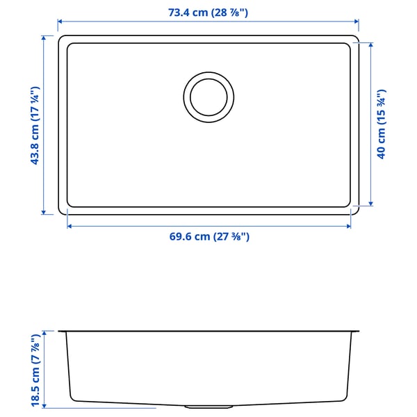 VRESJÖN Évier à encastrer, 1 bac, acier inox, 28 3/4x17 3/8 "
