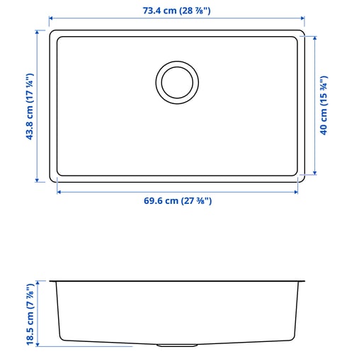 VRESJÖN Évier à encastrer, 1 bac, acier inox, 28 3/4x17 3/8 "