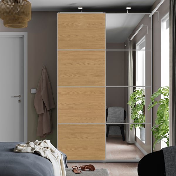 AULI / MEHAMN Schiebetürpaar, Aluminium Spiegelglas/doppelseitig Eichenachbildung, 150x236 cm