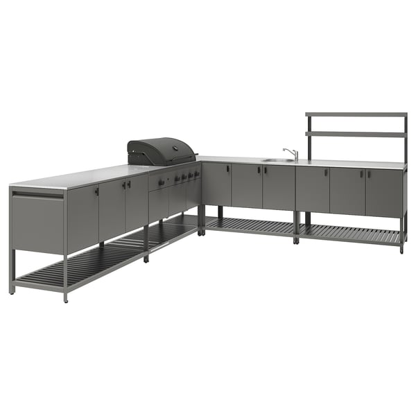 BÅTSKÄR Außenküche m Kohlegrill+Spüleneinh., dunkelgrau, 300x300 cm