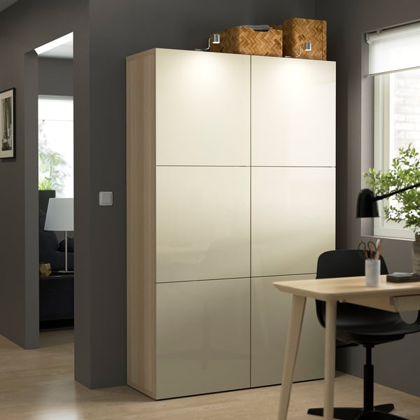 BESTÅ Aufbewahrung mit Türen, Eicheneff wlas/Selsviken Hochglanz beige, 120x42x193 cm